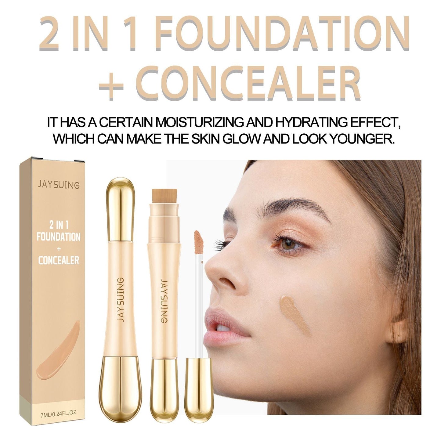 Jaysuing 2 In 1 Foundation + Concealer, Blemish Print Natural Concealer Long-Lasting Makeup Invisible Pore Concealer