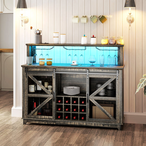 Versatile 55" Coffee Bar Cabinet with Ambient Lighting - Rustic Wine Rack and Glass Holder Perfect for Dining Room and Kitchen Spaces