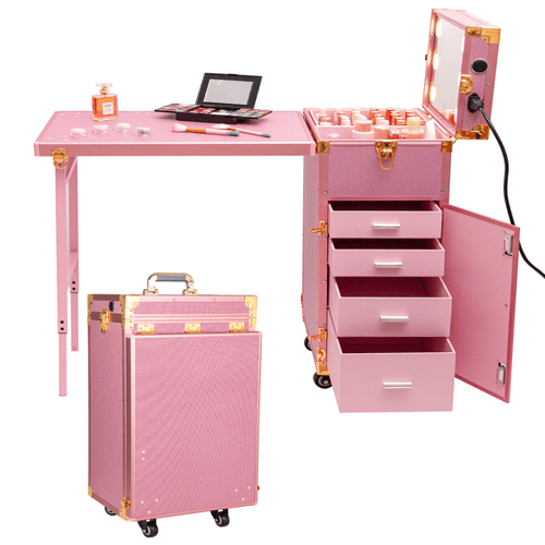 Portable Nail Table, Rolling Manicure Table w/3 Color Light and Speaker, Portable Nail Tech Desk, Foldable Nail Travel Case for Nail Tech w/Wheel, Colorful Pink
