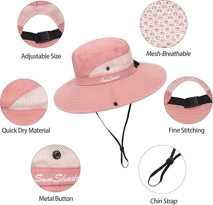 Women's Outdoor UV-Protection-Foldable Sun-Hats Mesh Wide-Brim Beach Fishing Hat with Ponytail-Hole