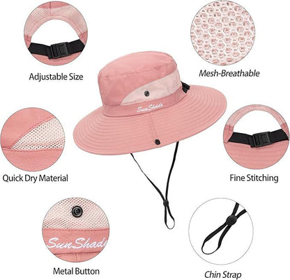 Women's Outdoor UV-Protection-Foldable Sun-Hats Mesh Wide-Brim Beach Fishing Hat with Ponytail-Hole