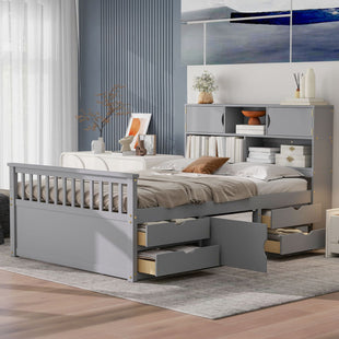 Full Size Captain Platform Bed Frame with Storage Bookcases and Shelves,Four Drawers,Gray