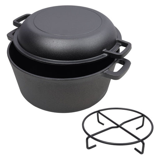 2 in 1 Pre-Seasoned Cast Iron Dutch Oven With Dual Handles, Outdoor Camping Deep Pot for Camping Fireplace Cooking BBQ Baking Campfire, 5 Quart.With 1pc Iron Pot Rack.
