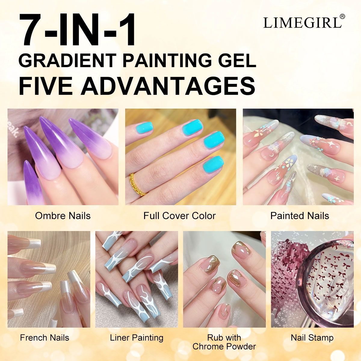 Limegirl Gradient Painting Gel, 9 Bright Colors Ombre GelNail Polish for Pigment Pat Nails Nails French ManicureSoak Off UV Set