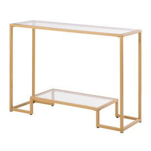 VEVOR 2-Tier Glass Console Table, Modern Rectangle Sofa Side Table with Tempered Glass Top and Iron Legs, Golden Consloe Desk with Anti-Tip Device for Living Room, Hallway, Entryway, Foyer, Golden