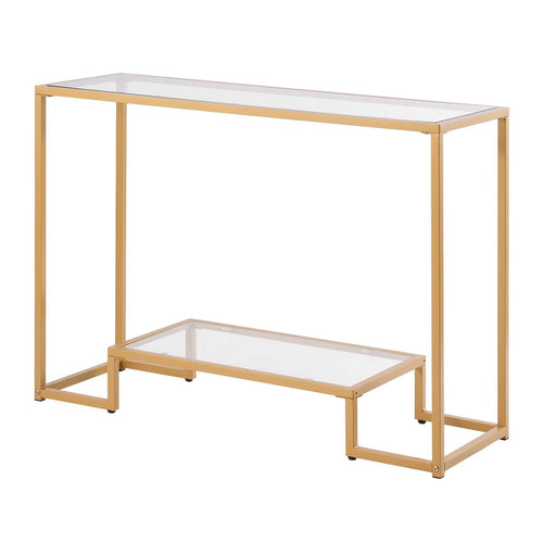 VEVOR 2-Tier Glass Console Table, Modern Rectangle Sofa Side Table with Tempered Glass Top and Iron Legs, Golden Consloe Desk with Anti-Tip Device for Living Room, Hallway, Entryway, Foyer, Golden