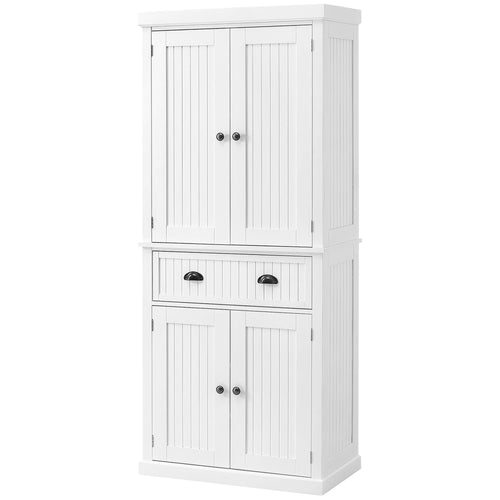 72 Kitchen Pantry Cabinet Storage, Freestanding Cupboard with Drawer 4 Doors Adjustable Shelves, White