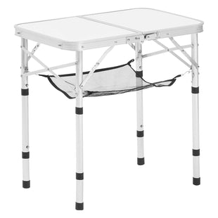 VEVOR Folding Camping Table, Adjustable Height Portable Side Tables, Aluminum MDF Beach Table with Mesh Layer, Carrying Handle, Lightweight Compact for Outdoor Picnic BBQ Cooking, 24x16in, Silver