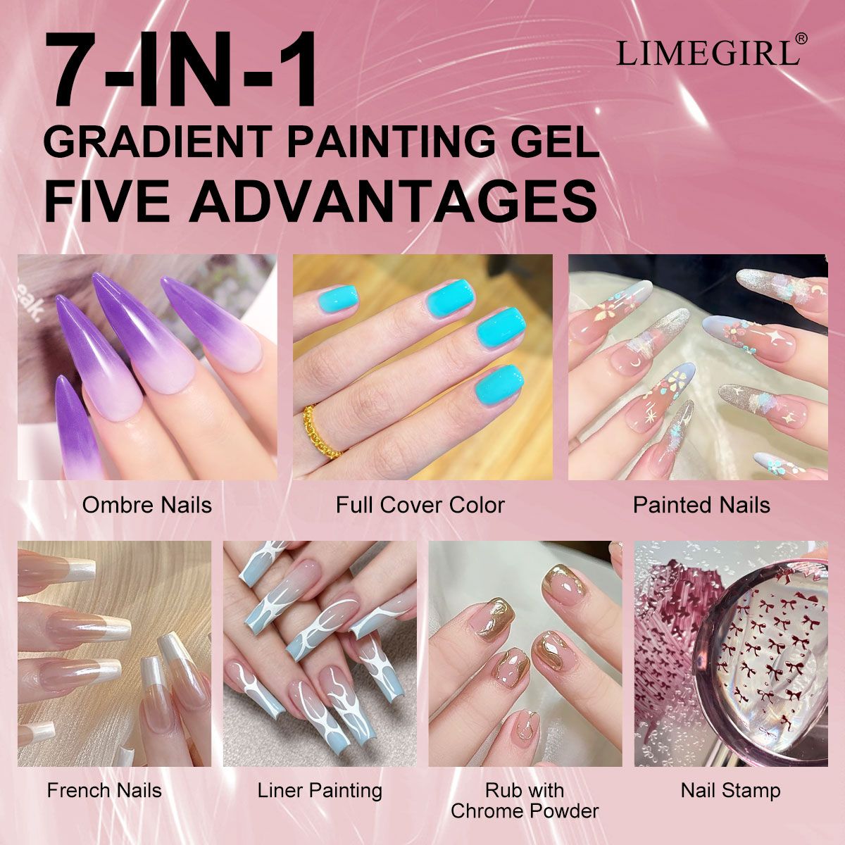Limegirl Gradient Painting Gel, 9 Bright Colors Ombre GelNail Polish for Pigment Pat Nails Nails French ManicureSoak Off UV Set