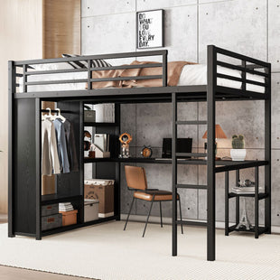 Queen Size Loft Bed Frame with Built-in Wardrobe, Metal Loft Bed with Desk and Storage Shelves, Black