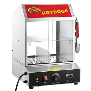 VEVOR Hot Dog Steamer, 28.5QT, 2-Tier Hot Dog Hut Steamer, 86-185 F Temp Control, Electric Bun Warmer with Tempered Glass Slide Doors Partition Plate Tong, Stainless Steel, for Hot Dogs & Buns