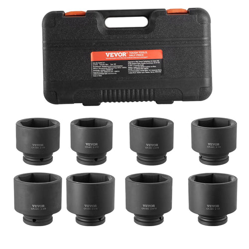 VEVOR Axle Nut Impact Socket Set, 3/4" Drive 6-Point 8-Piece SAE Spindle Nut Socket Set, CR-MO Heat Treated Large Socket Set with Storage Case, for Auto Repair, Removing or Installing Axle Nuts
