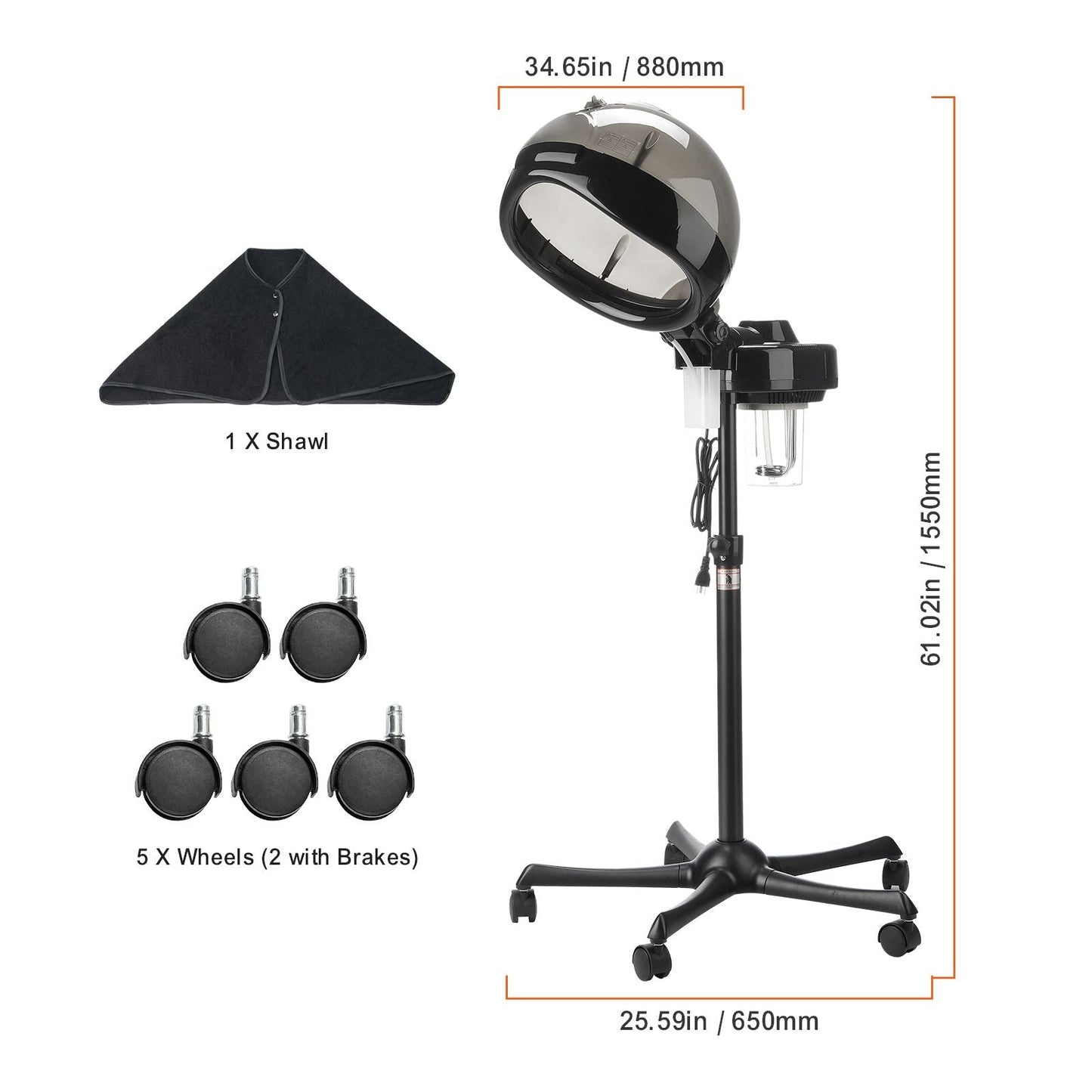 Professional Hair Steamer for Deep Conditioning, 11.81-inch Hooded Ionic Hair Steamer with 2 Modes, Height-Adjustable Standing Hair Steamer with Timer, 5 Wheels (2 Lockable) for Salon Home Spa