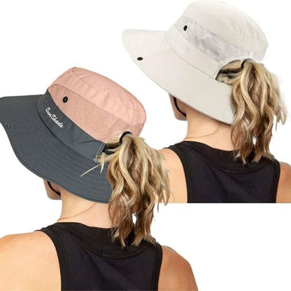 Women's Outdoor UV-Protection-Foldable Sun-Hats Mesh Wide-Brim Beach Fishing Hat with Ponytail-Hole