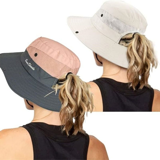 Women's Outdoor UV-Protection-Foldable Sun-Hats Mesh Wide-Brim Beach Fishing Hat with Ponytail-Hole