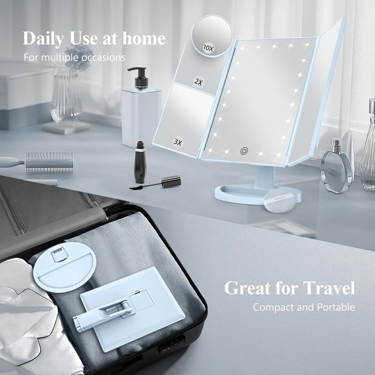 Makeup Mirror, Vanity Mirror with Lights, 2X/3X/10X Magnification, Touch Control, Trifold, Dual Power Supply, Gifts Mothers Day for Mom,Gifts for Women, Wife, Girls,Dorm Room Essentials