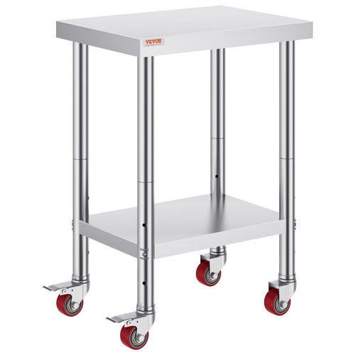 VEVOR Stainless Steel Work Table 24 x 18 x 34 Inch, 700 LBS Load Capacity with 4 Wheels, 3 Adjustable Height Levels, Heavy Duty Food Prep Worktable for Commercial Kitchen Restaurant, Silver
