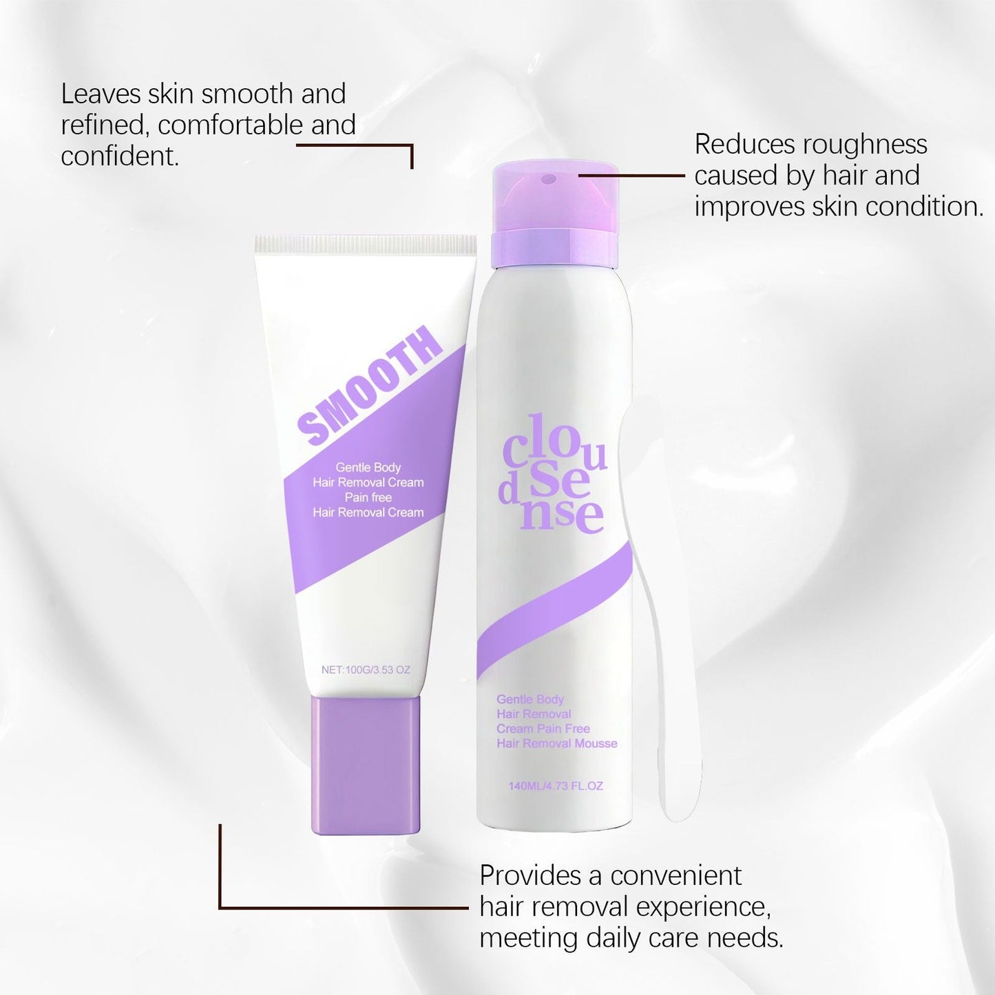 Gentle At-Home Body Hair Removal Kit, Skin Friendly Depilatory Cream & Foam Set, Painless Body Hair Remover for Arms Legs Underarms Smooth Skin Care