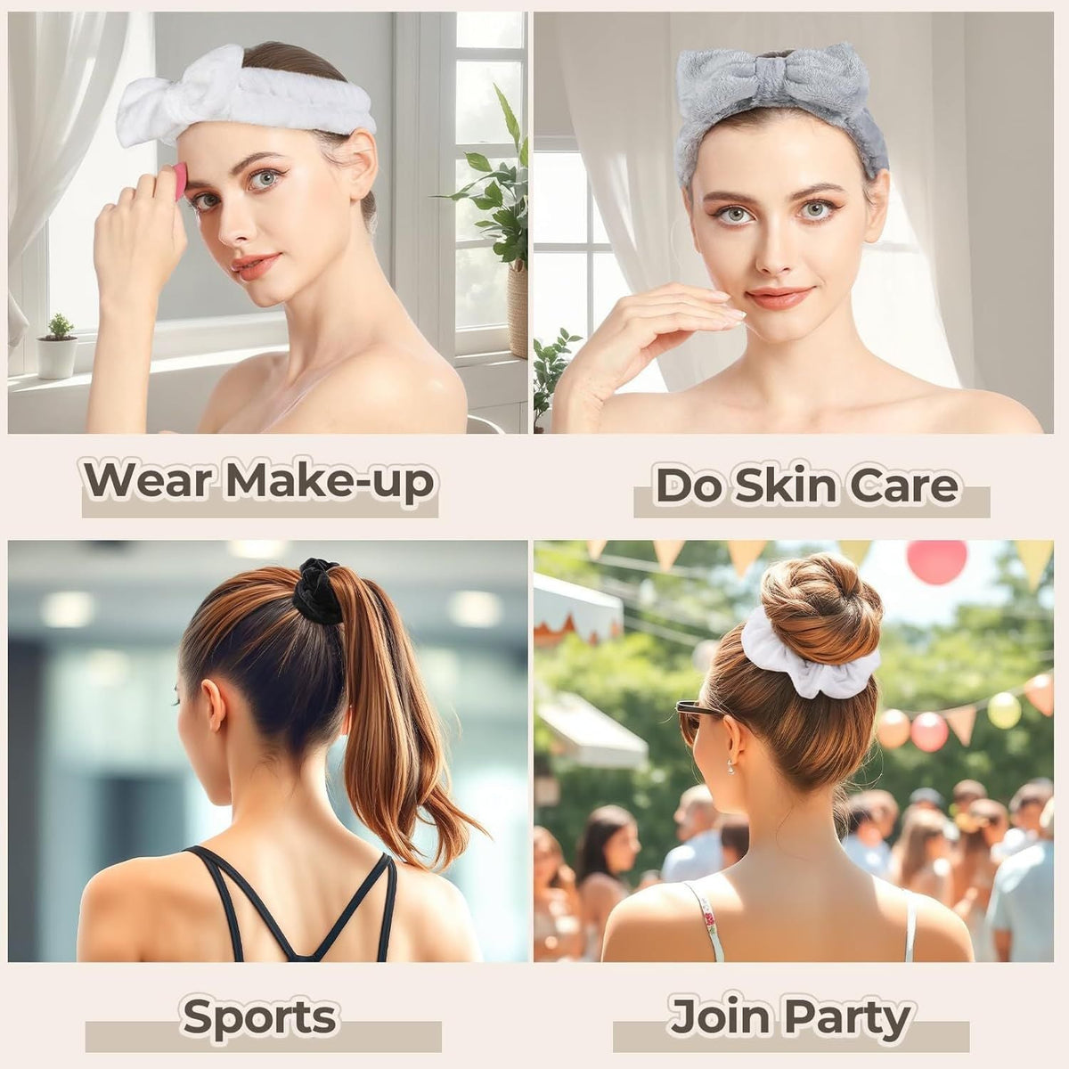 Spa Headband, 6pcs Makeup Headbands and Hair Scrunchies, Bow Skin Care Headband for Washing Face for Teen Girls Women, Easter Basket Valentines Gifts for Girls, Black & White & Gray