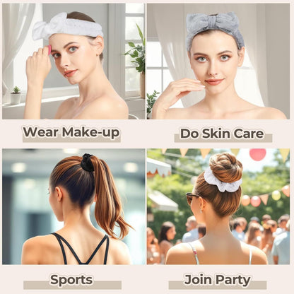 Spa Headband, 6pcs Makeup Headbands and Hair Scrunchies, Bow Skin Care Headband for Washing Face for Teen Girls Women, Easter Basket Valentines Gifts for Girls, Black & White & Gray