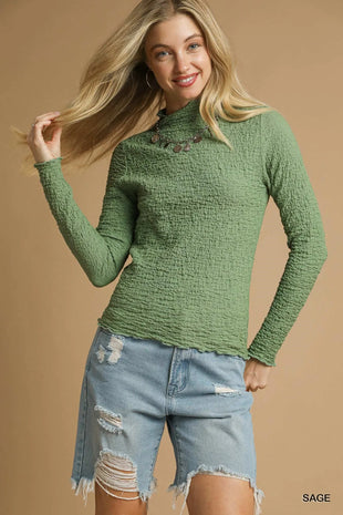 Umgee Textured Crinkle Knit Long Sleeve Top