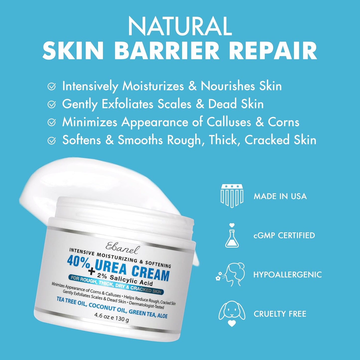 Ebanel Urea Cream 40% plus Salicylic Acid 2%, Foot Cream for Dry Cracked Heels Feet Knees Elbows Hands, Foot Dead Skin Cuticle Callus Remover Toenail Softener, Keratolytic Skin Barrier Repair - 7DAY'S