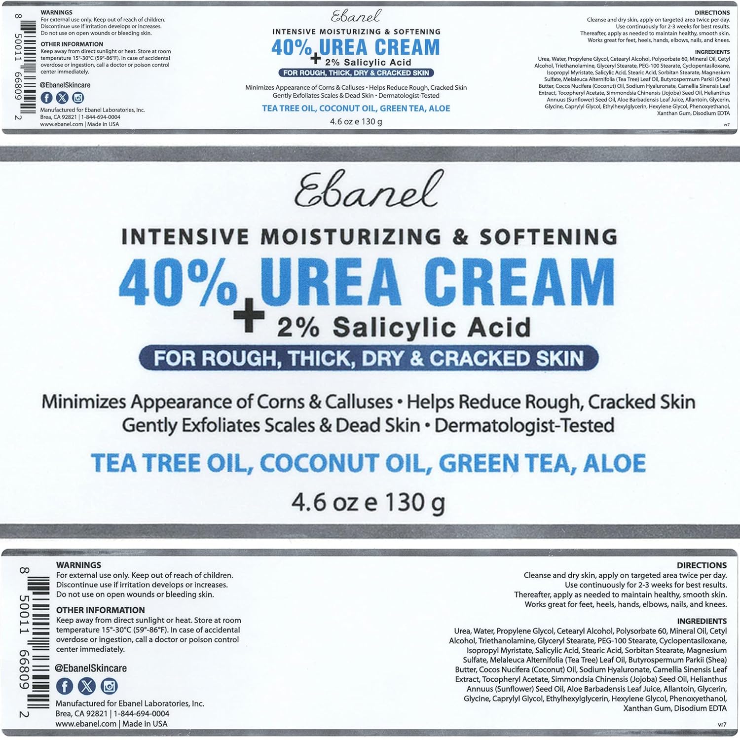 Ebanel Urea Cream 40% plus Salicylic Acid 2%, Foot Cream for Dry Cracked Heels Feet Knees Elbows Hands, Foot Dead Skin Cuticle Callus Remover Toenail Softener, Keratolytic Skin Barrier Repair - 7DAY'S