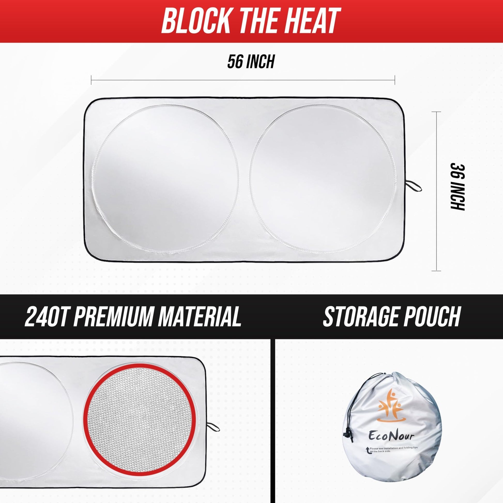 EcoNour Patented Design for Car Windshield Sun Shade | Blocks 99% Heat and Keep Interior Cool | Fits Cars, SUV, Truck | Automotive Sun Screen,Visor and Summer Vehicle Accessories | Medium (64x32) - 7DAY'S