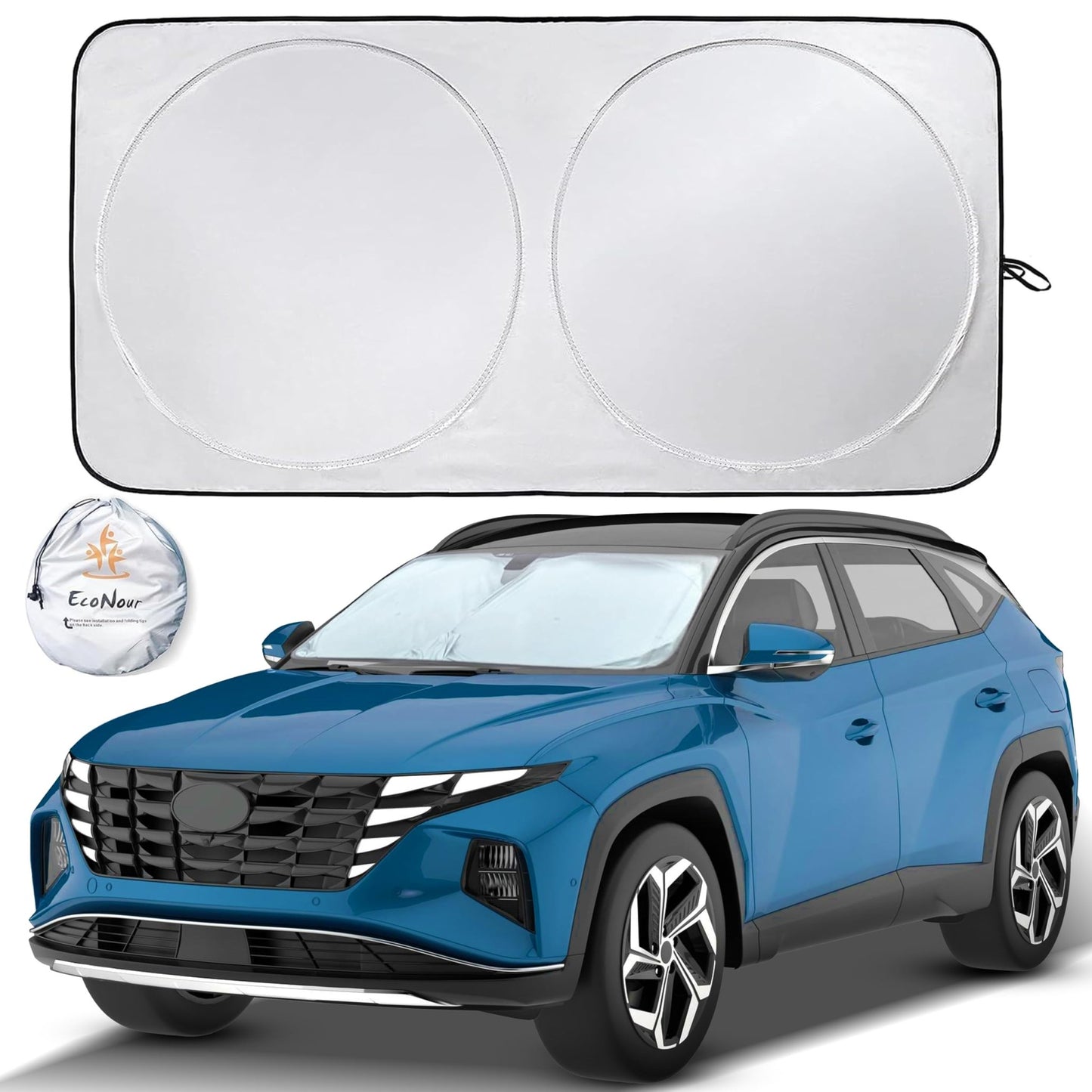 EcoNour Patented Design for Car Windshield Sun Shade | Blocks 99% Heat and Keep Interior Cool | Fits Cars, SUV, Truck | Automotive Sun Screen,Visor and Summer Vehicle Accessories | Medium (64x32) - 7DAY'S