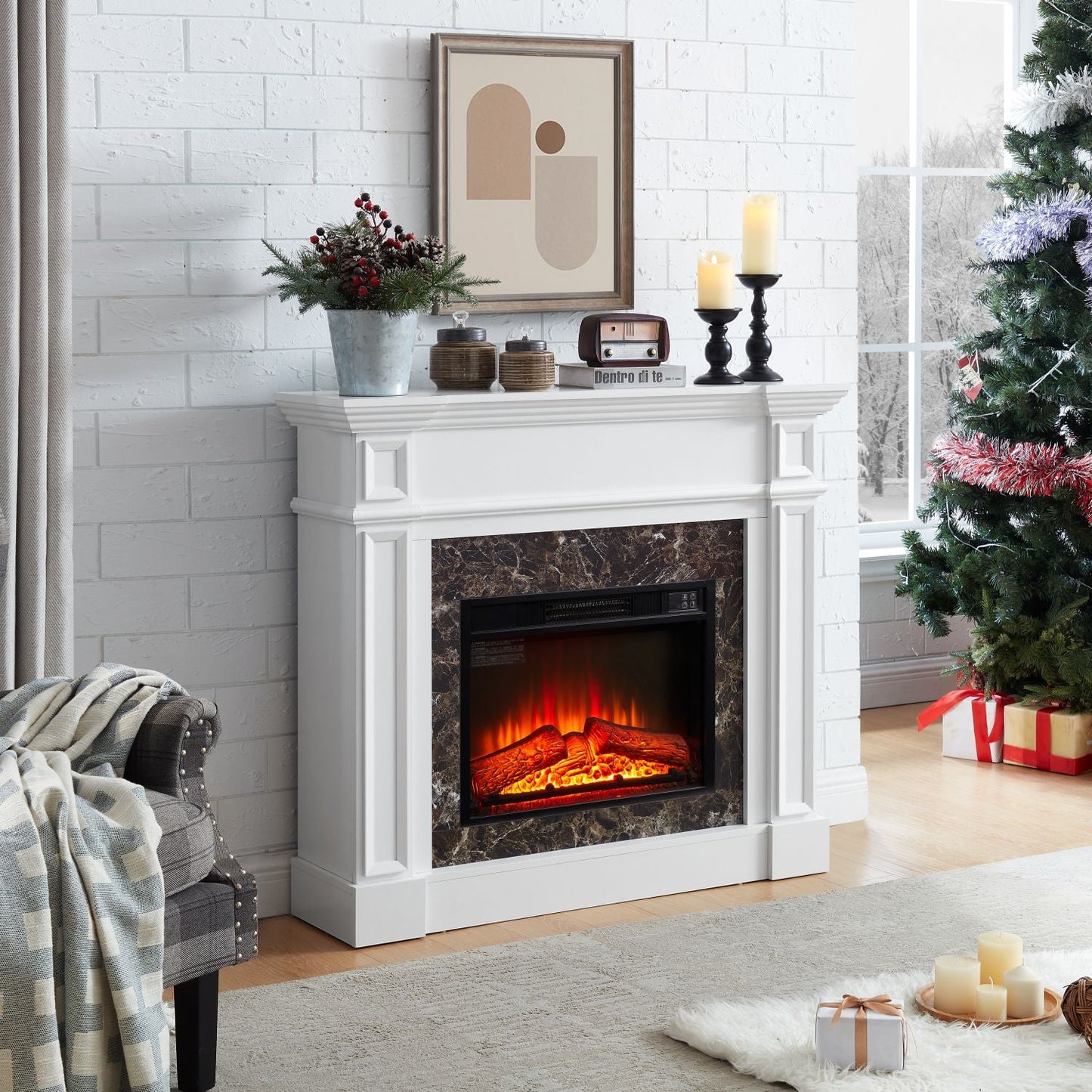 Electric Fireplace with Mantel, Fireplace Mantel, Fireplace Heater Freestanding, Realistic Stacked Stone Surround with Remote Control Timer LED Flame, White, 45.66"W*11.8"D*40"H - 7DAY'S