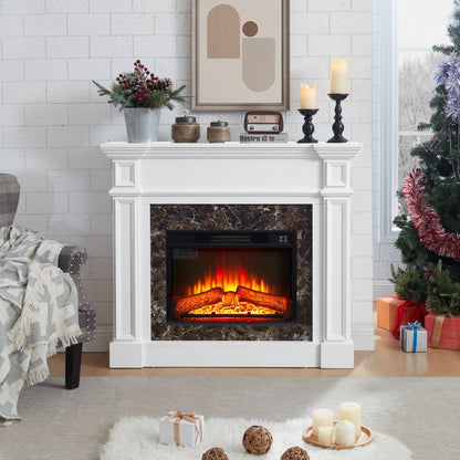 Electric Fireplace with Mantel, Fireplace Mantel, Fireplace Heater Freestanding, Realistic Stacked Stone Surround with Remote Control Timer LED Flame, White, 45.66"W*11.8"D*40"H - 7DAY'S