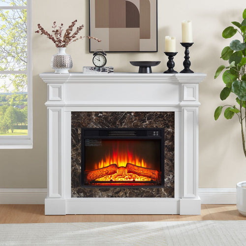 Electric Fireplace with Mantel, Fireplace Mantel, Fireplace Heater Freestanding, Realistic Stacked Stone Surround with Remote Control Timer LED Flame, White, 45.66"W*11.8"D*40"H - 7DAY'S