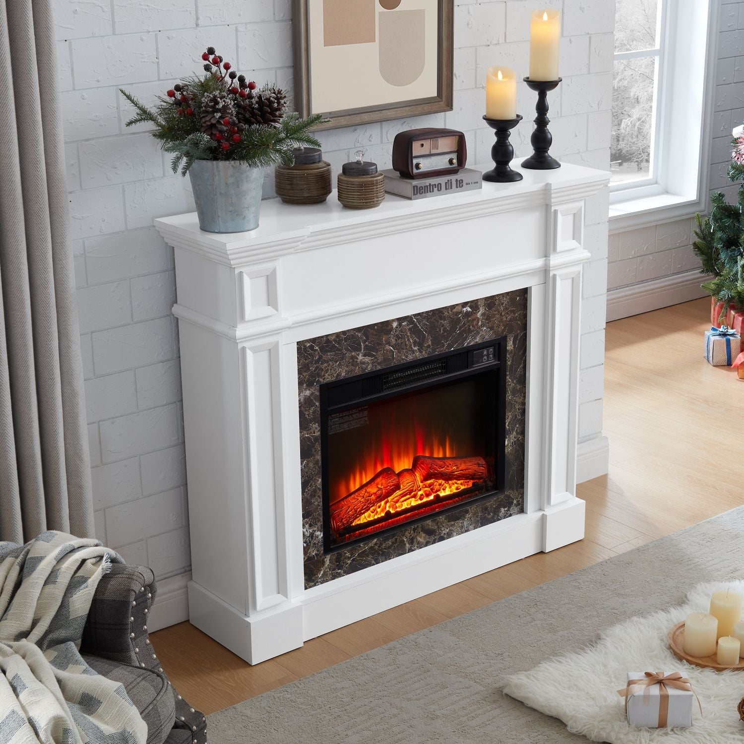 Electric Fireplace with Mantel, Fireplace Mantel, Fireplace Heater Freestanding, Realistic Stacked Stone Surround with Remote Control Timer LED Flame, White, 45.66"W*11.8"D*40"H - 7DAY'S