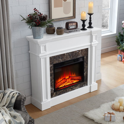 Electric Fireplace with Mantel, Fireplace Mantel, Fireplace Heater Freestanding, Realistic Stacked Stone Surround with Remote Control Timer LED Flame, White, 45.66"W*11.8"D*40"H - 7DAY'S