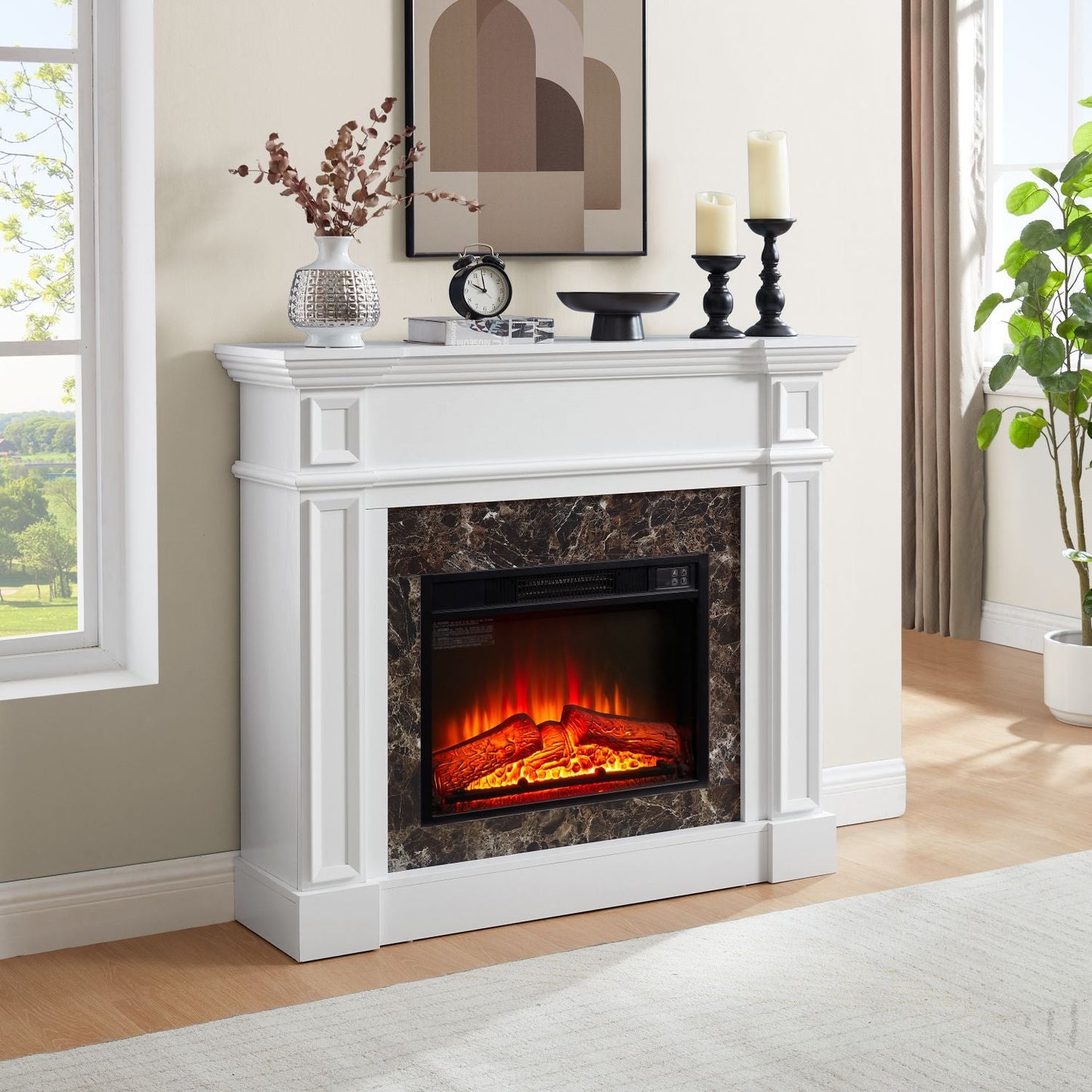Electric Fireplace with Mantel, Fireplace Mantel, Fireplace Heater Freestanding, Realistic Stacked Stone Surround with Remote Control Timer LED Flame, White, 45.66"W*11.8"D*40"H - 7DAY'S