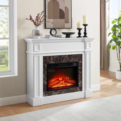 Electric Fireplace with Mantel, Fireplace Mantel, Fireplace Heater Freestanding, Realistic Stacked Stone Surround with Remote Control Timer LED Flame, White, 45.66"W*11.8"D*40"H - 7DAY'S