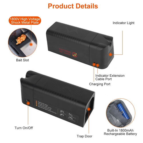 Electric Rat Trap Reusable Mice Trap Rodent Zapper Indoor Pest Control Rechargeable Shock Mice Killer with 1800V High Voltage for Home - 7DAY'S