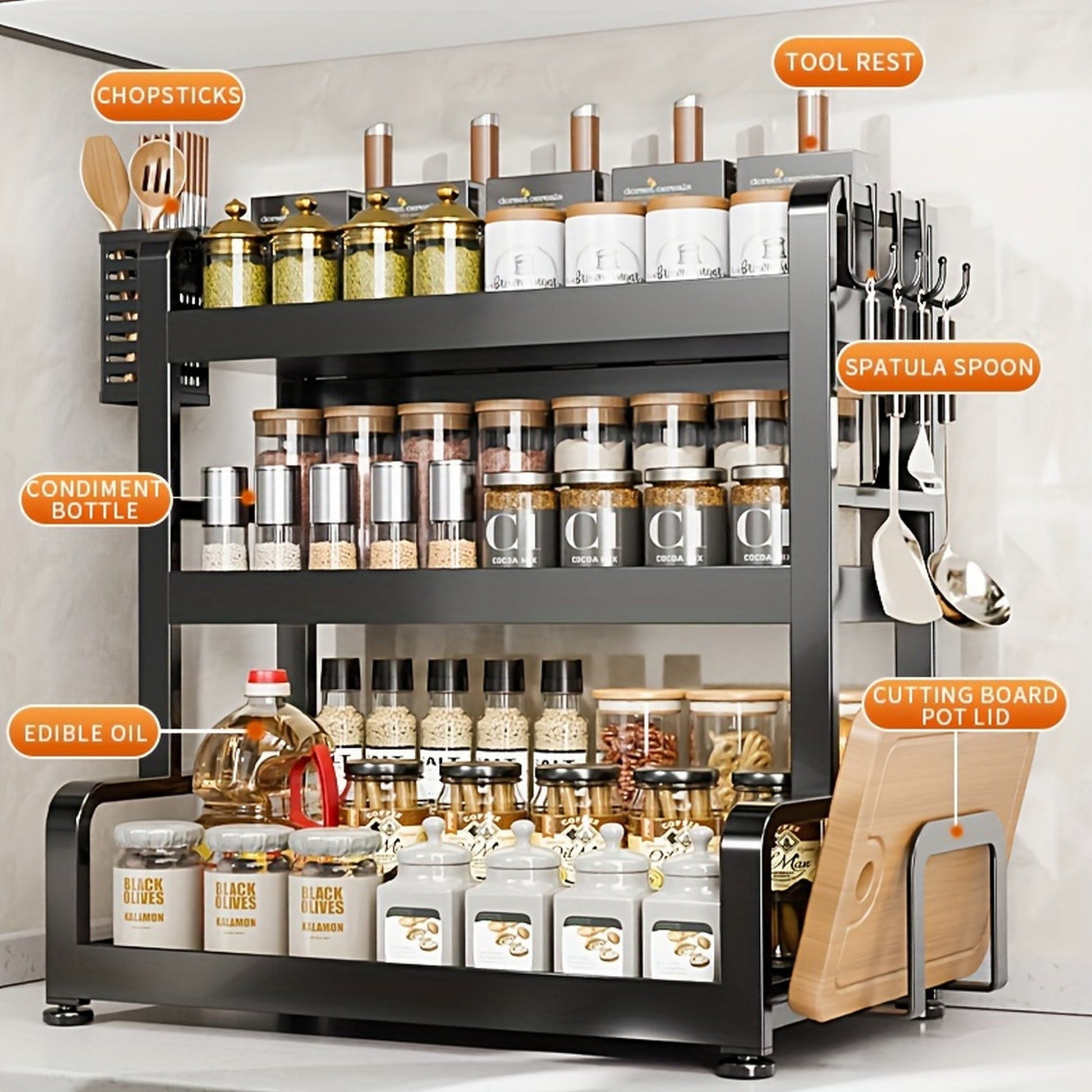Elegant Multi - Layer Metal Kitchen Organizer - Countertop Spice Rack, Knife & Utensil Holder, Condiment Basket - 7DAY'S