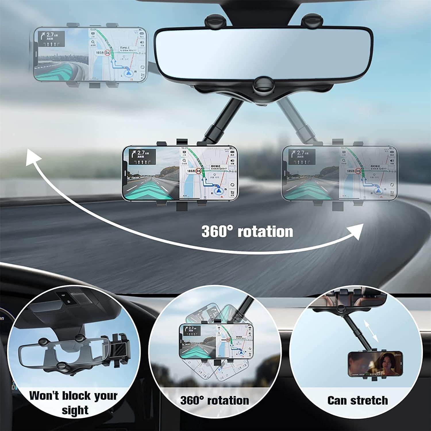 Elemenix Phone Holder, 360 Rotatable and Retractable Car Phone Holder, Fullofcarts Phone Holder, 360° Car Rearview Mirror Phone Holder for Car Mount Phone and Gps Holder Support Rotating Adjustable - 7DAY'S