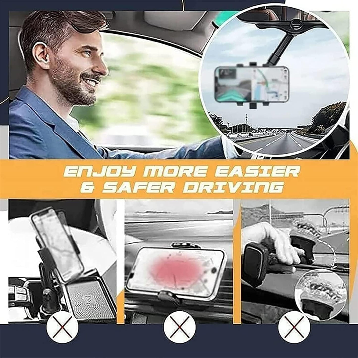 Elemenix Phone Holder, 360 Rotatable and Retractable Car Phone Holder, Fullofcarts Phone Holder, 360° Car Rearview Mirror Phone Holder for Car Mount Phone and Gps Holder Support Rotating Adjustable - 7DAY'S