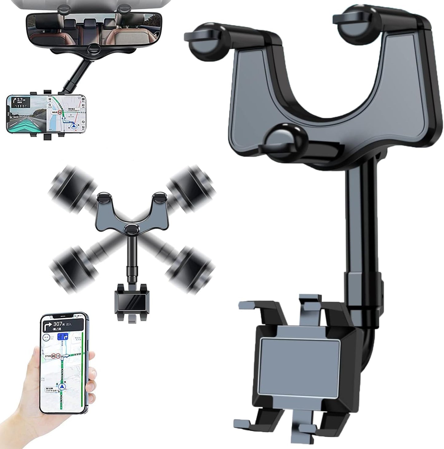 Elemenix Phone Holder, 360 Rotatable and Retractable Car Phone Holder, Fullofcarts Phone Holder, 360° Car Rearview Mirror Phone Holder for Car Mount Phone and Gps Holder Support Rotating Adjustable - 7DAY'S