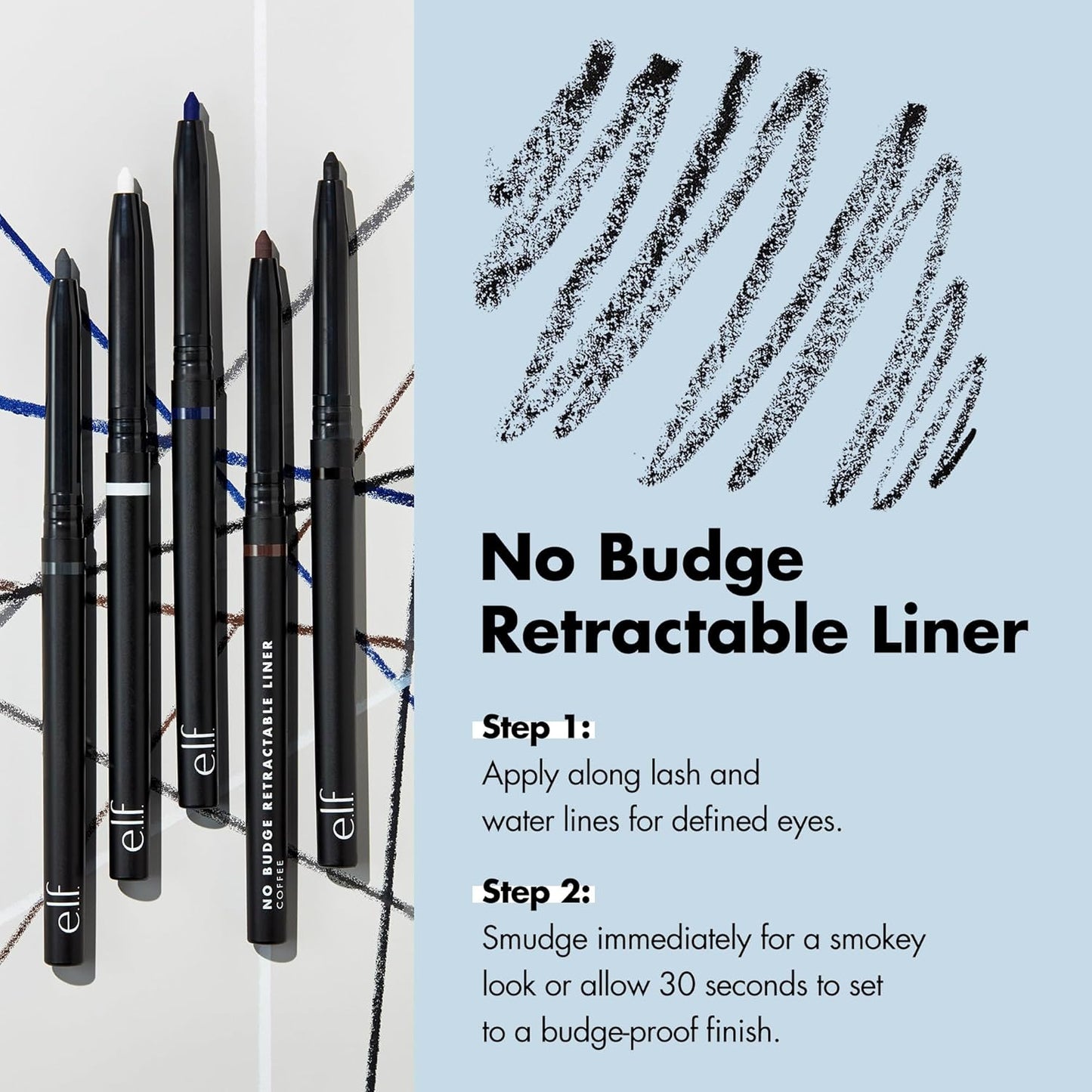 e.l.f. No Budge Retractable Eyeliner, Creamy, Ultra - Pigmented & Waterproof, Creates Bold & Defined Lines, Vegan & Cruelty - Free, Black - 7DAY'S