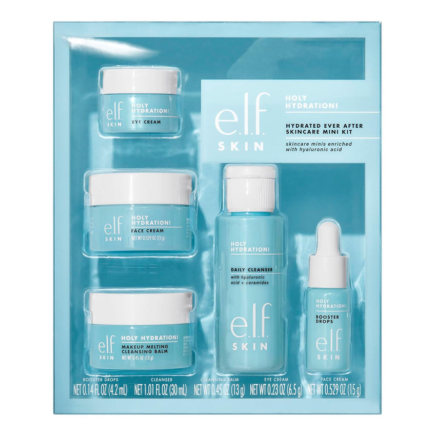 e.l.f. SKIN Holy Hydration! Hydrated Ever After Skincare Mini Kit, Cleanser, Makeup Remover, Moisturiser & Eye Cream For Hydrating Skin, Airplane - Friendly Sizes - 7DAY'S