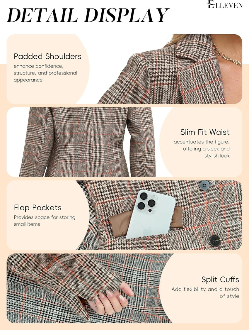 ELLEVEN Women's Lapel Collar Plaid 2 Button Boyfriend Blazer Suit Houndstooth Work Office Blazer Jacket - 7DAY'S