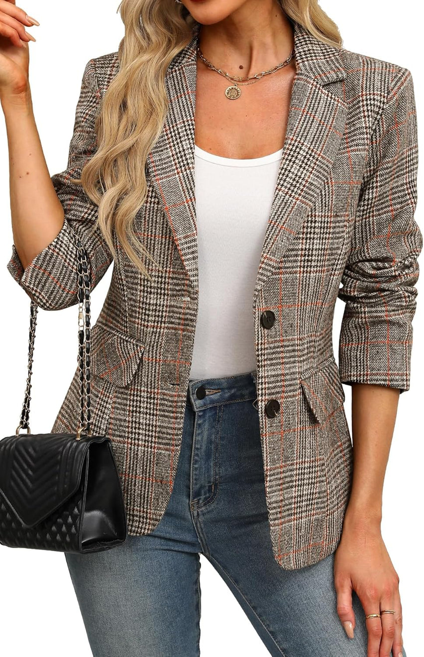 ELLEVEN Women's Lapel Collar Plaid 2 Button Boyfriend Blazer Suit Houndstooth Work Office Blazer Jacket - 7DAY'S