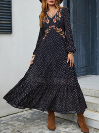 Embroidered V - Neck Long Sleeve Dress - 7DAY'S