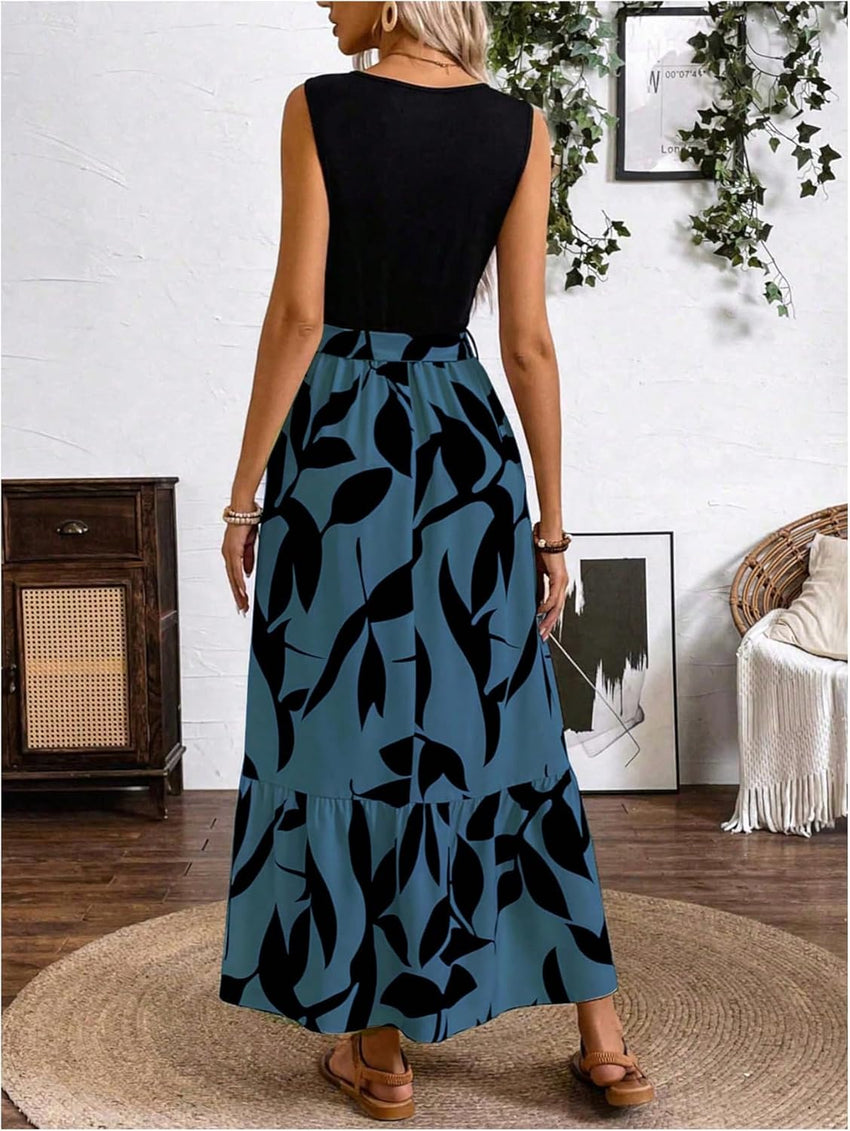 EMERY ROSE Spring/Summer Printed Asymmetrical Hem Dress (Mid - Long Length Knitted Vest & Woven Dress, Leaf Print) Maxi Vacation Beach Outfits Women - 7DAY'S