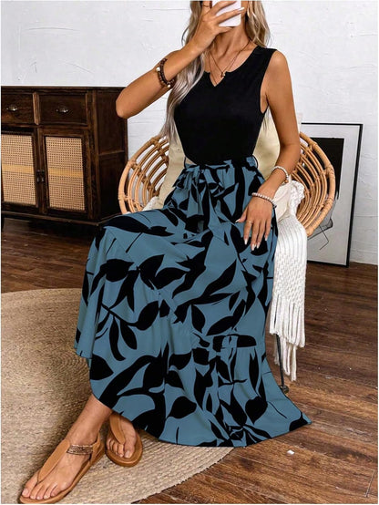 EMERY ROSE Spring/Summer Printed Asymmetrical Hem Dress (Mid - Long Length Knitted Vest & Woven Dress, Leaf Print) Maxi Vacation Beach Outfits Women - 7DAY'S