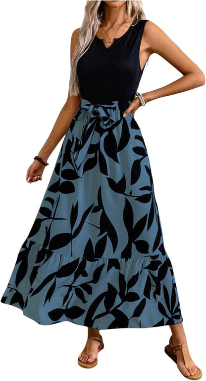 EMERY ROSE Spring/Summer Printed Asymmetrical Hem Dress (Mid - Long Length Knitted Vest & Woven Dress, Leaf Print) Maxi Vacation Beach Outfits Women - 7DAY'S