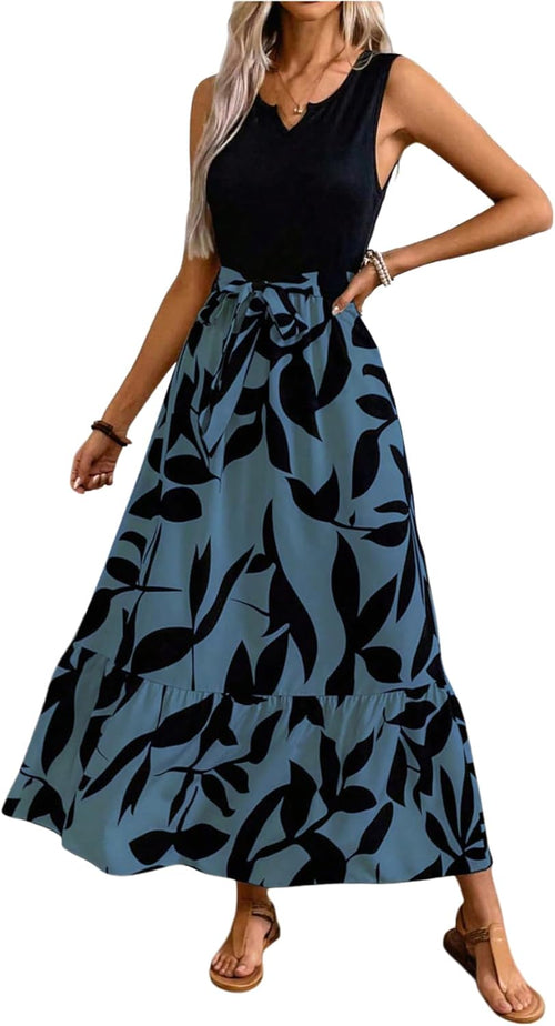 EMERY ROSE Spring/Summer Printed Asymmetrical Hem Dress (Mid - Long Length Knitted Vest & Woven Dress, Leaf Print) Maxi Vacation Beach Outfits Women - 7DAY'S